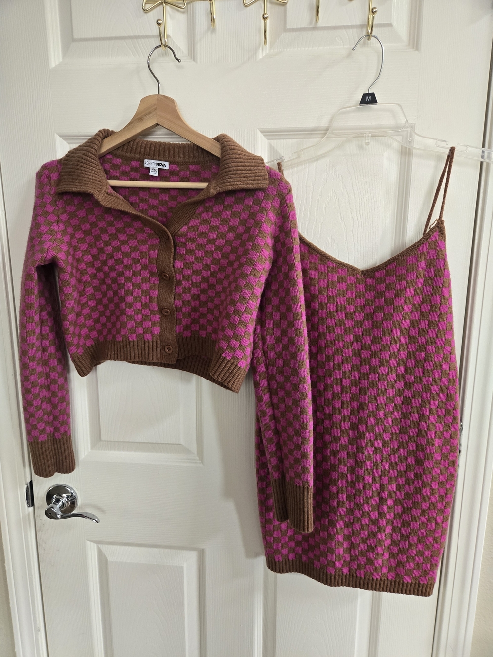 Fashion Nova Pink and Brown Checker Knit Mini Dress Set